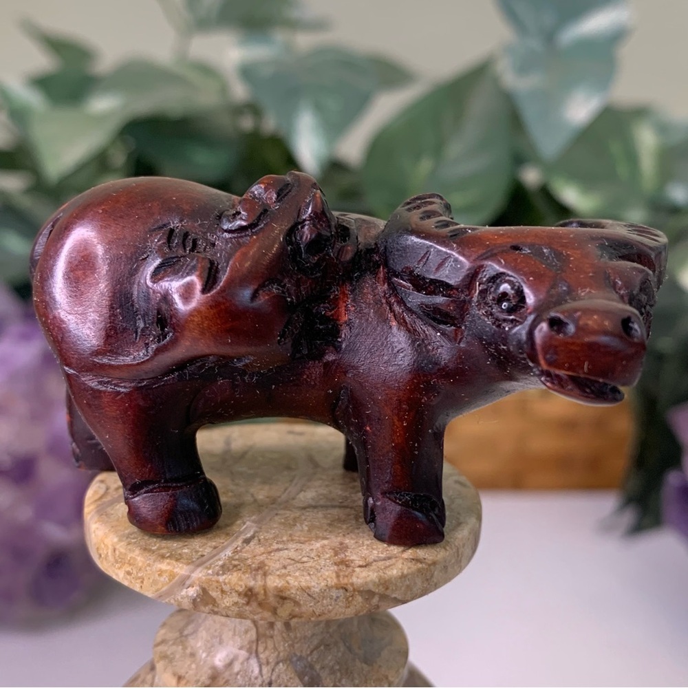 Vintage Boxwood Ox With Monkey Netsuke Hand Carved Animal Figurine Wood Carving